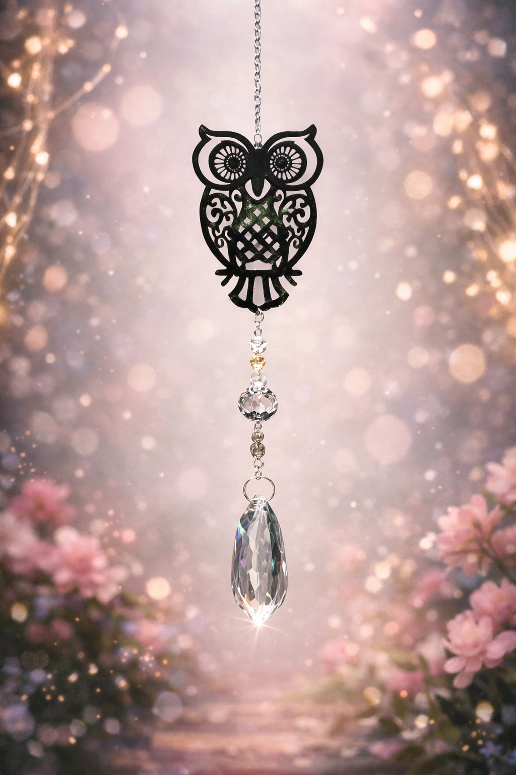 hiboux fait 9.5 cm et en métal l ensemble de l attrape soleil fait 41 cm