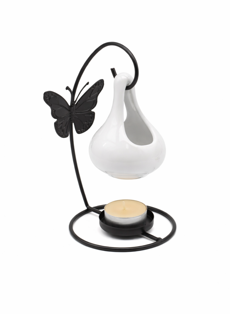 Bruleur en acier noir avec un papillon et une goute blanche