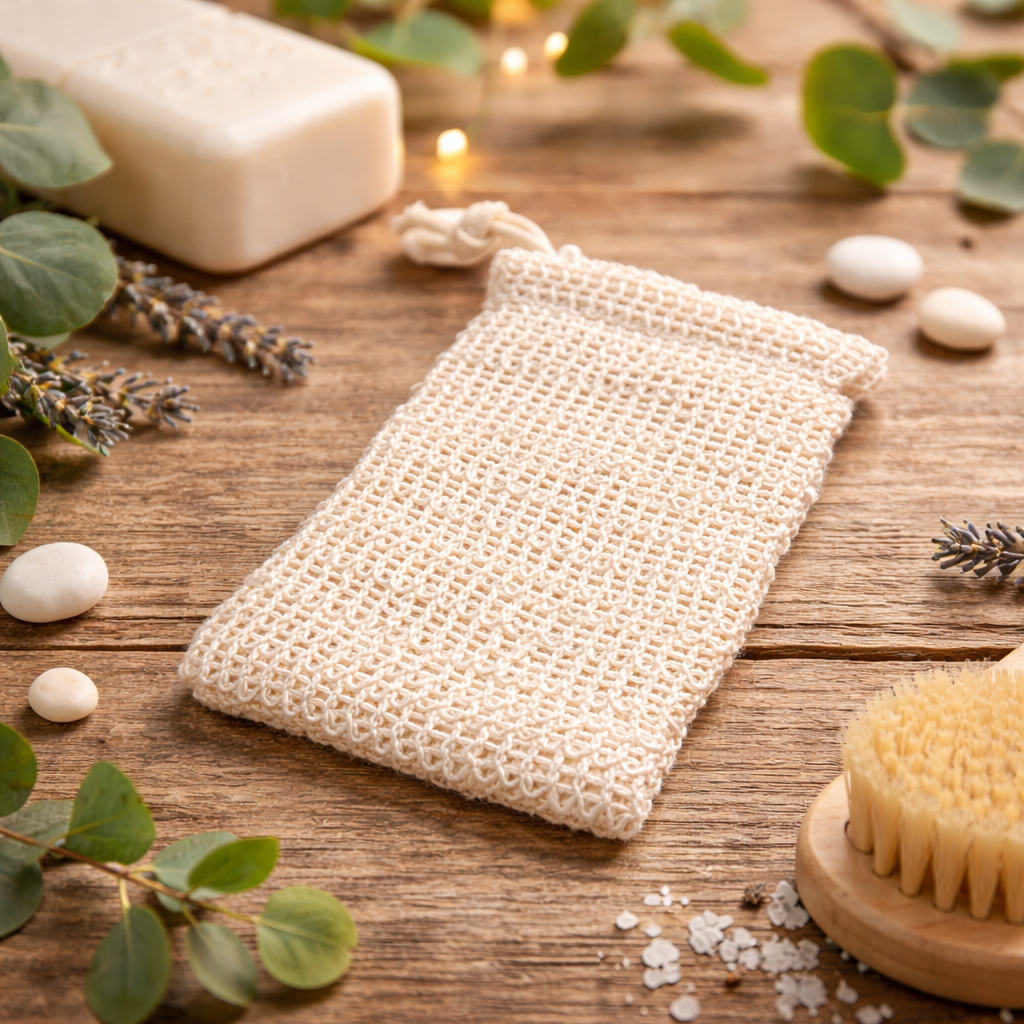 Pochette en sisal naturel pour savon, shampooing ou après-shampooing en barre. Fabriquée à partir de fibres d'agave tropicales, cette pochette biodégradable et végétalienne offre plusieurs usages : exfolier la peau, faire mousser le savon et prolonger sa durée de vie en le laissant sécher. Ses dimensions de 13 × 9 cm conviennent parfaitement aux savons de Marseille et autres barres de différentes marques. Le cordon de serrage assure une fermeture pratique et sécurisée. Un accessoire écologique et multiform