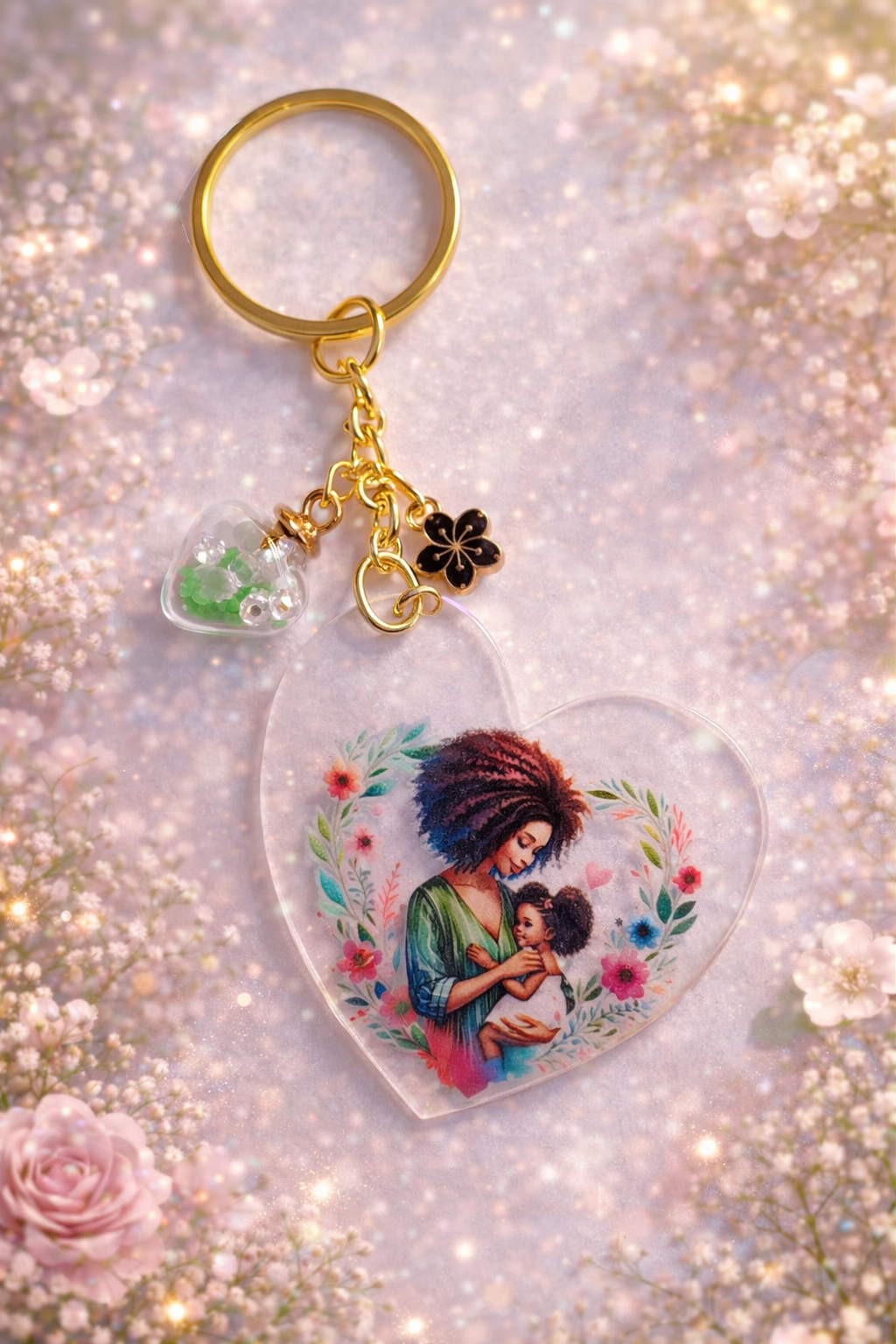 porte clés cœur une mère et son enfants il a une fleur noir et un cœur avec des perle vert