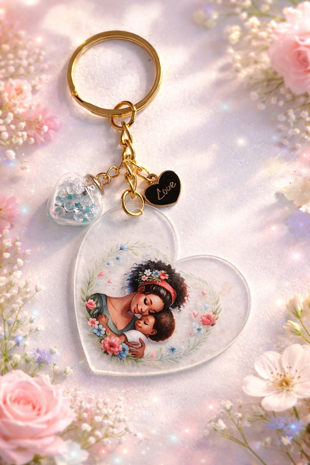 Porte clés en métal or avec un cœur une image et un cœur écrie love