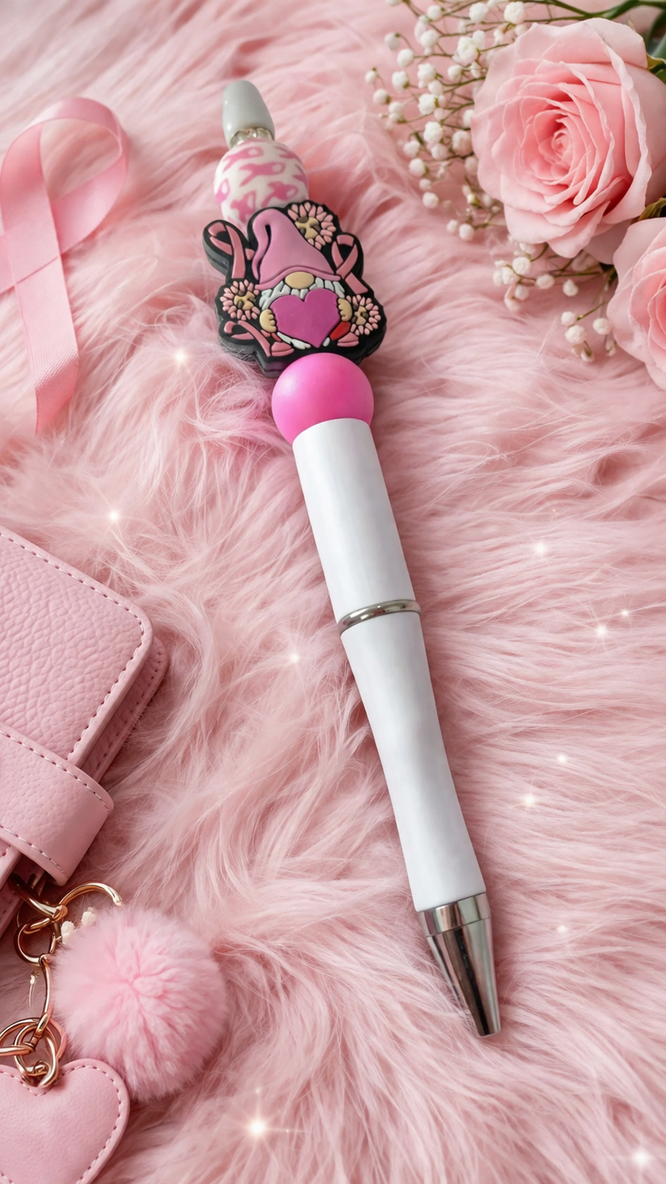 Stylo rose avec nœud et perle en silicone avec un nœud et une perles avec des rubans rose pour la lutte contre le cancer du sein