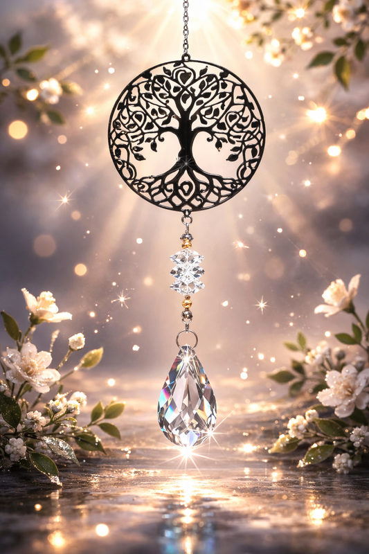 "Attrape-soleil décoratif en forme d'arbre de vie avec perles colorées suspendues, créant des reflets lumineux"