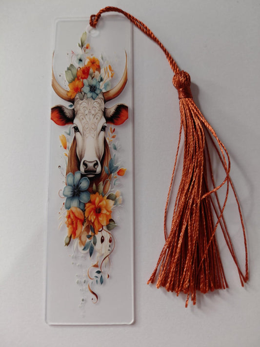 Marque pages avec image de vache et de fleur et pompon marron 