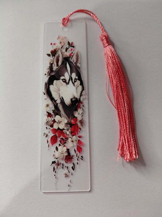 Marque pages avec une image de chien pompon rose avec des fleurs