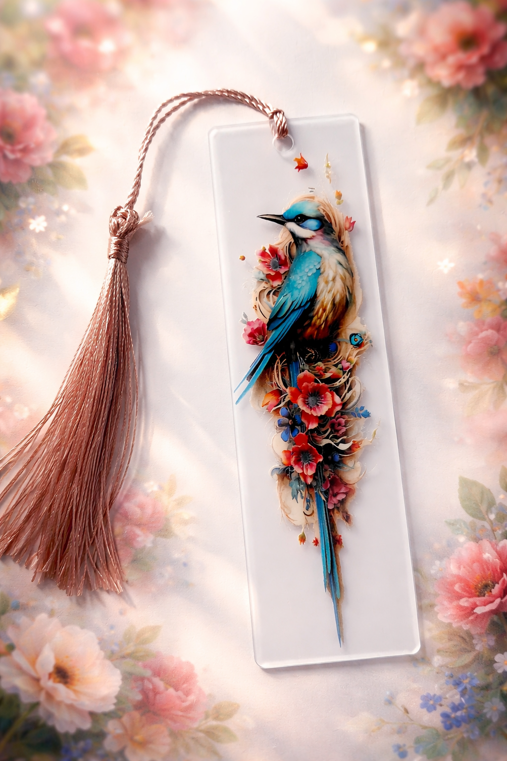 Marque pages avec une image d oiseau et un pompon rose 
