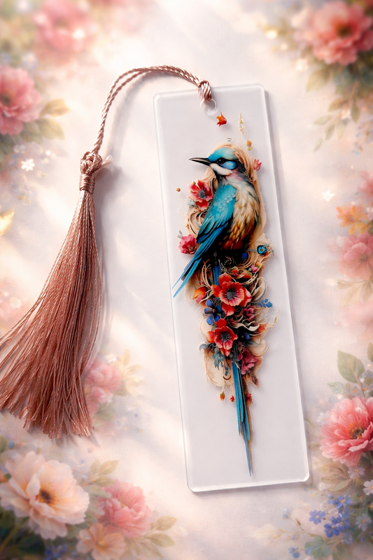 Marque pages avec une image d oiseau et un pompon rose 
