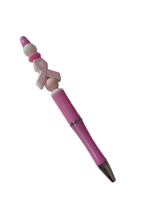 Stylo à encre noire avec perles en silicone roses et blanches avec un ruban rose pour octobre rose pour la lutte contre le cancer du sein


