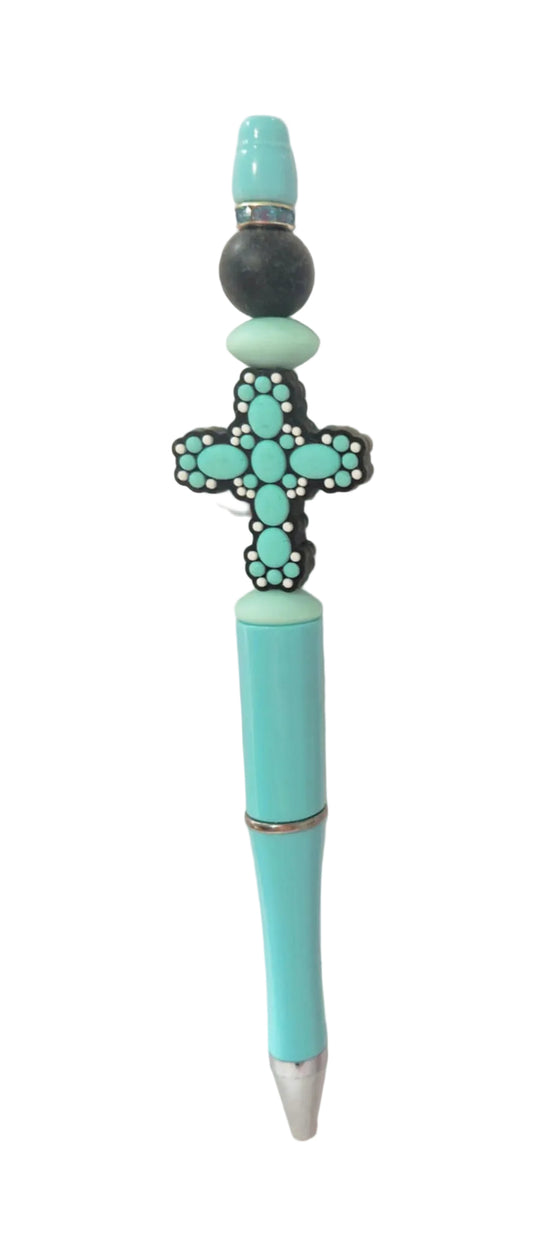Stylo bleu turquoise avec perles noir et son bijoux