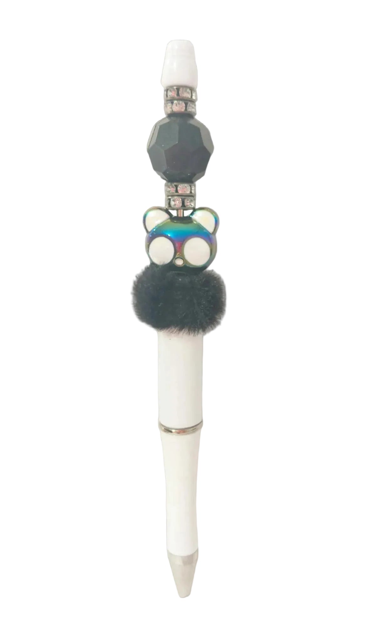 Stylo à encre noire avec perles en plastique et perles en fourrure et une perle avec une tête de nounous est c est bijoux a Stace 