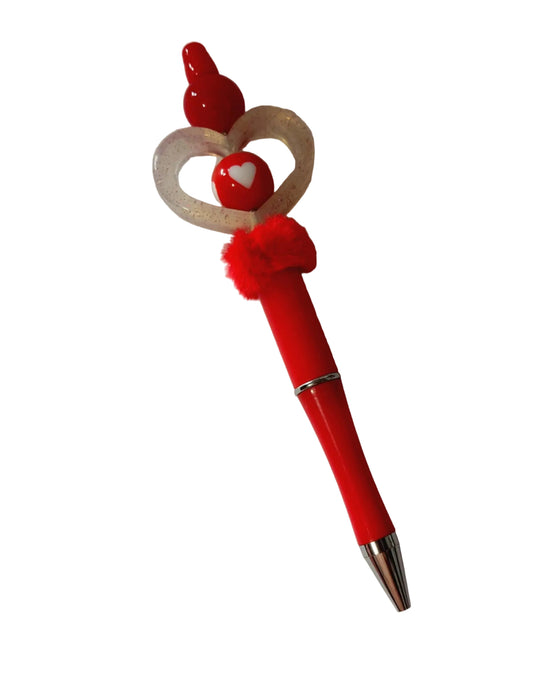 Stylo perle en silicone et en verre et perles en fourrure avec un grand cœur blanc en silicone 