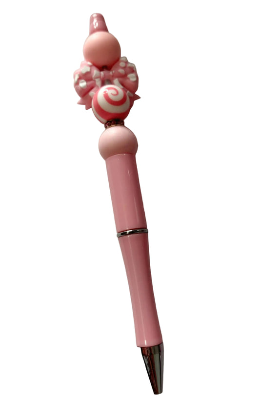 Stylo perle en silicone rose avec un nœud et son bijoux 