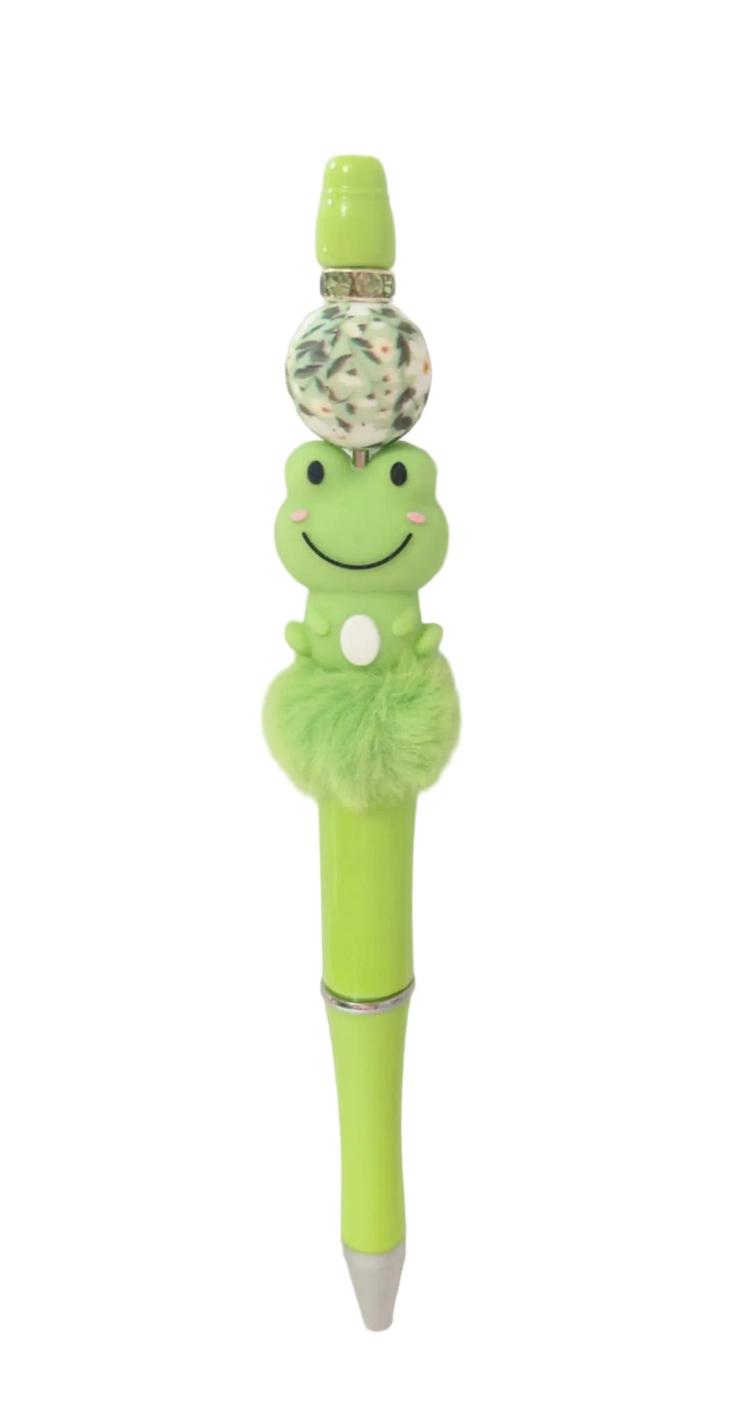 Stylo perle silicone fleurie  pompon vert une perles en forme de grenouille et son bijoux 