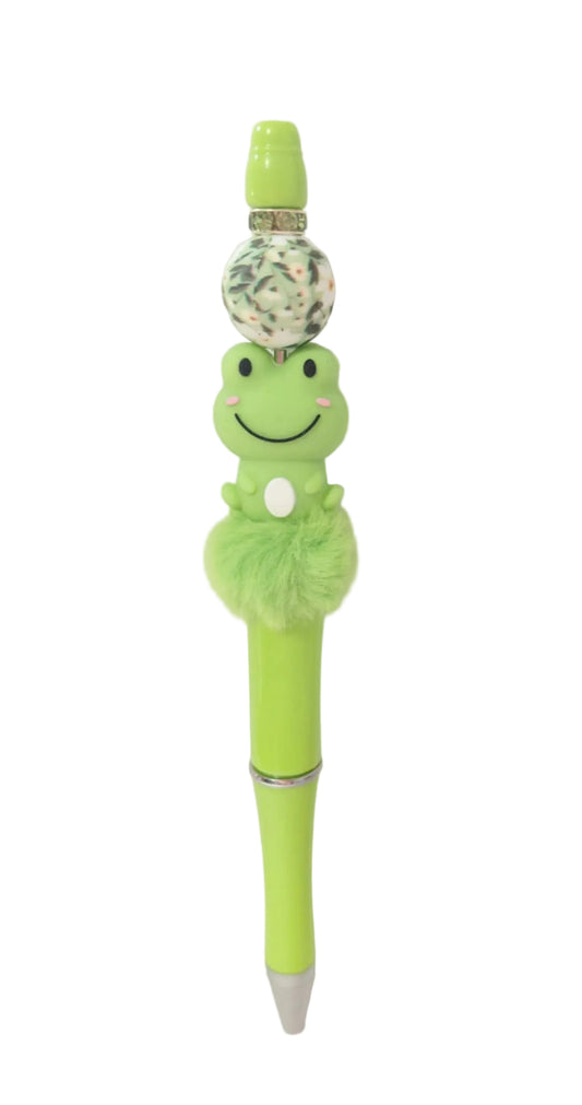Stylo perle silicone fleurie  pompon vert une perles en forme de grenouille et son bijoux 