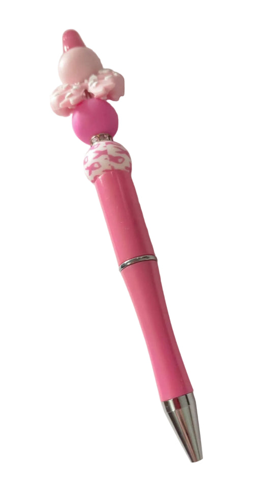 Stylo rose avec nœud et perle en silicone avec un nœud et une perles avec des rubans rose pour la lutte contre le cancer du sein avec un bijou  