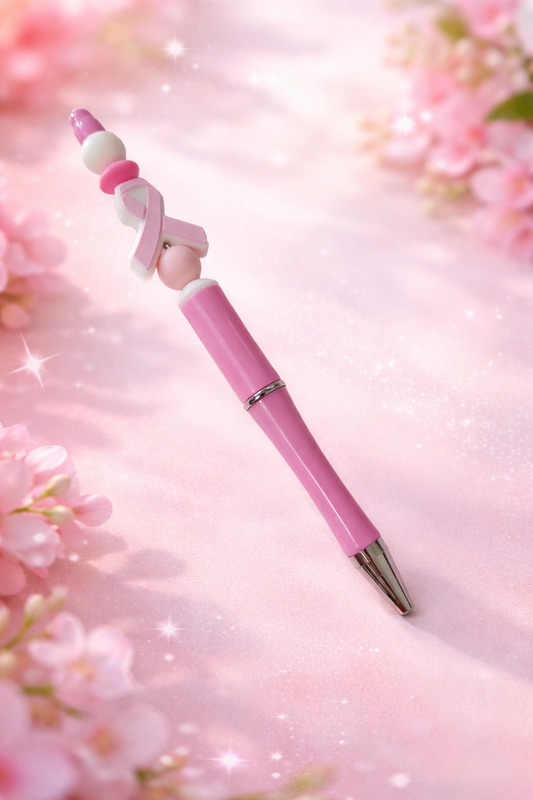 Stylo à encre noire avec perles en silicone roses et blanches avec un ruban rose pour octobre rose pour la lutte contre le cancer du sein