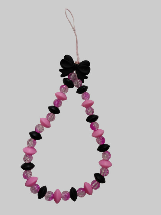 perles plat en silicone et perles en verre avec un noeud noir 