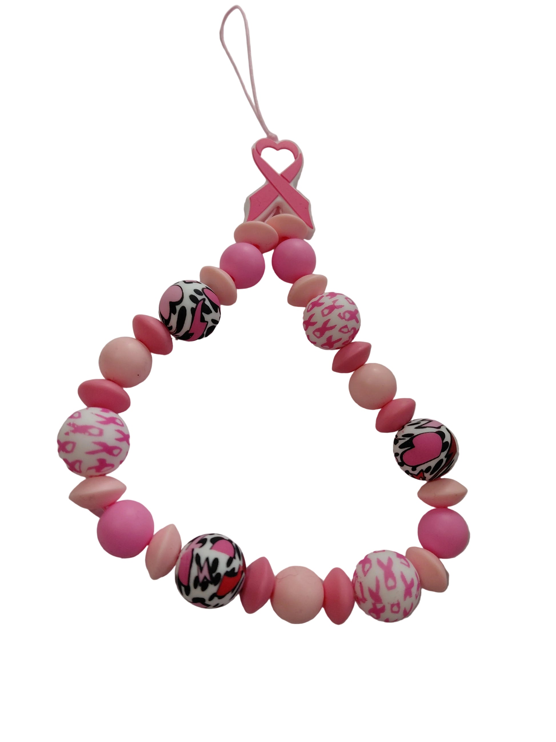 ruban en silicone rose des perles rose et imprime avec des petit cœur rouge